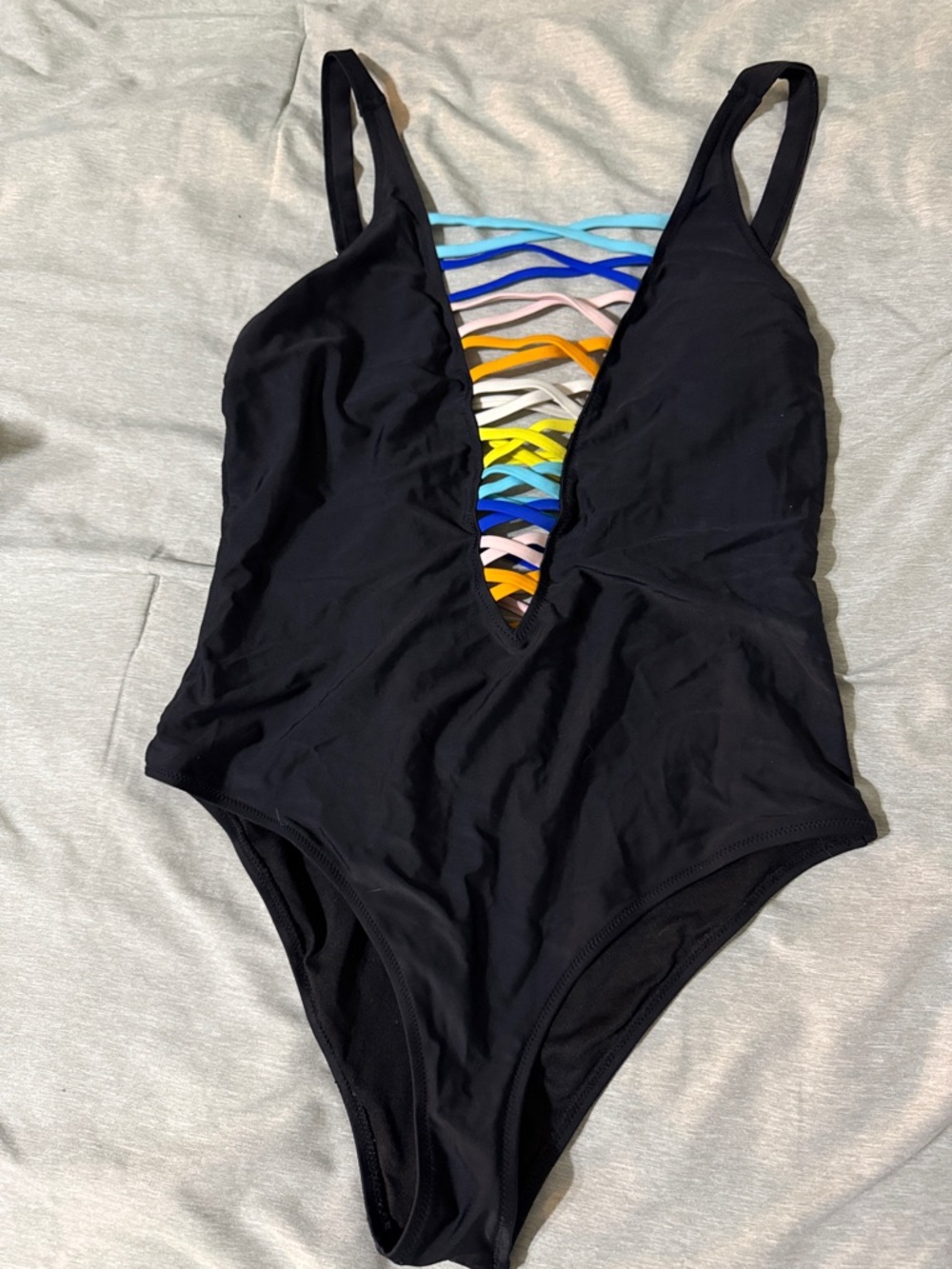 Black One-Piece Swimsuit with Rainbow Lattice Front